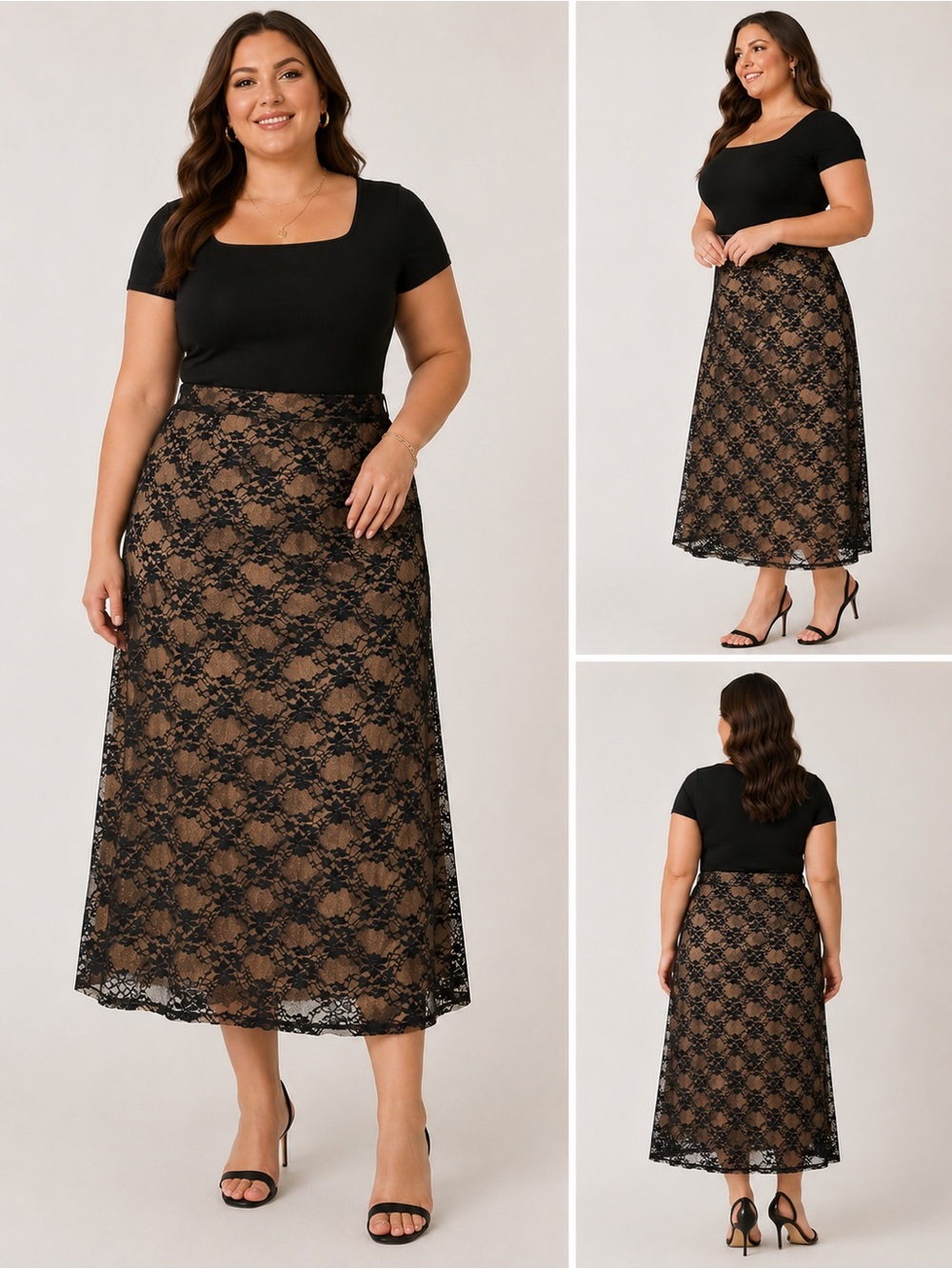 Karen Kane 1X Plus Black Floral Lace Midi Maxi Skirt Nude Lined Stretch NWT USA